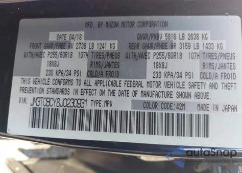 2018 Mazda Cx-9 Touring z USA, uszkodzony, nr VIN JM3TCBCY8J0230931